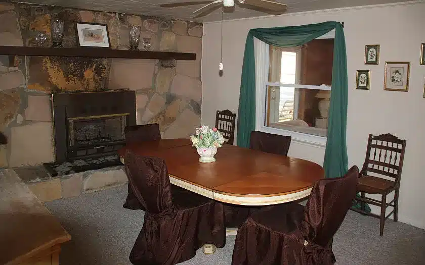 The unusable fireplace in the dining room.